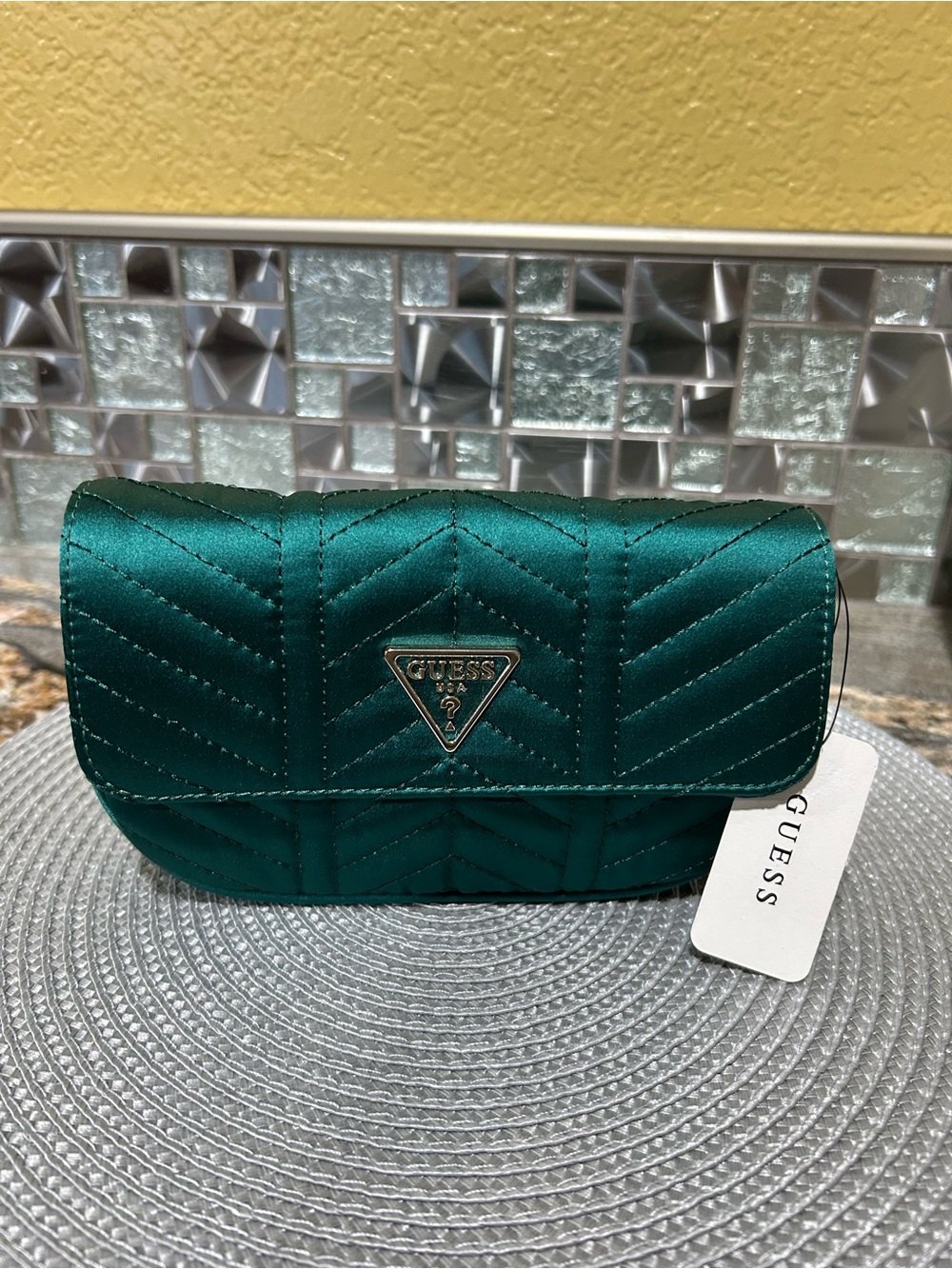 GUESS Teal Quilted Satin Cross Body with Gold Logo